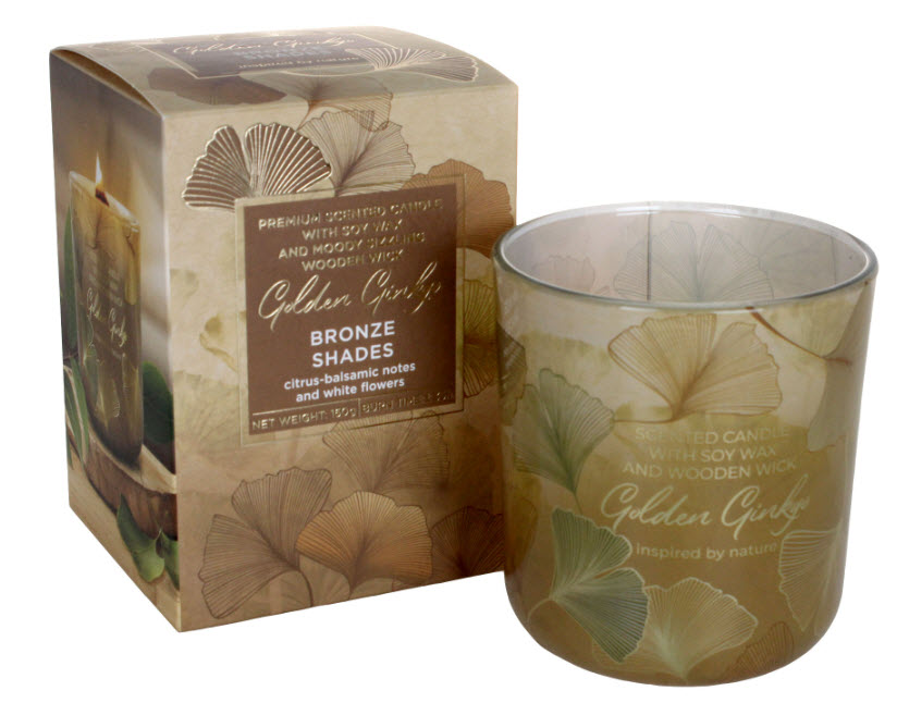 Свеча ароматизированная в стакане Золотой Гинко 150гр с деревянным фитилем по цене 