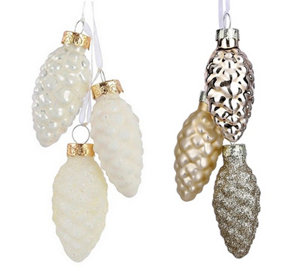 Украшение новогоднее подвесное Шишки набор из 3-х шт разноцветные 2,5х6см стекло арт.90736 по цене 