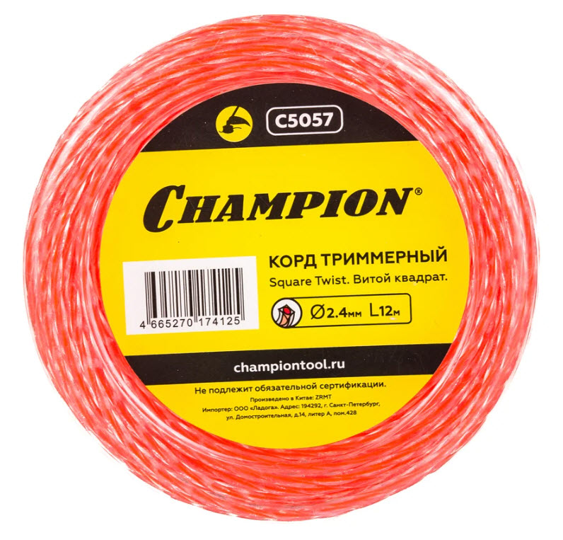 Леска для триммера  Square Twist duo 2,4мм 12м витой квадрат CHAMPION C5057 по цене 