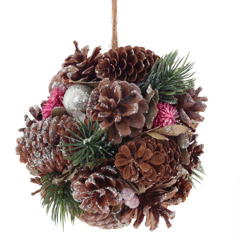 Изделие декоративное подвесное Шар Шишки с жемчугом, коричневый 16х16х16см по цене 