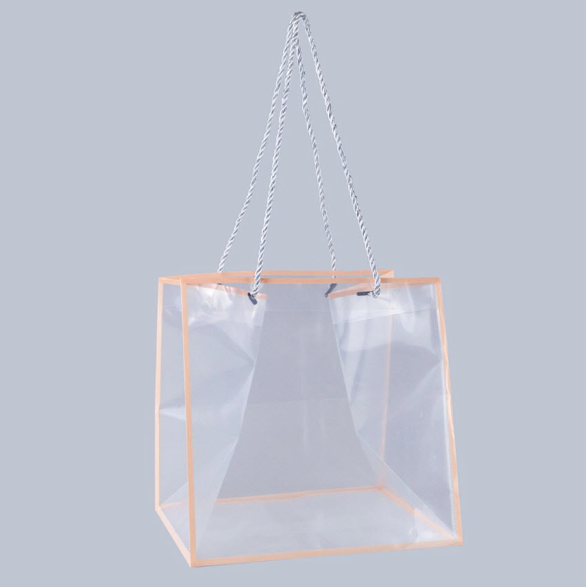 Пакет подарочный с каймой пластик 25x25x22см, прозрачный/розовый по цене 