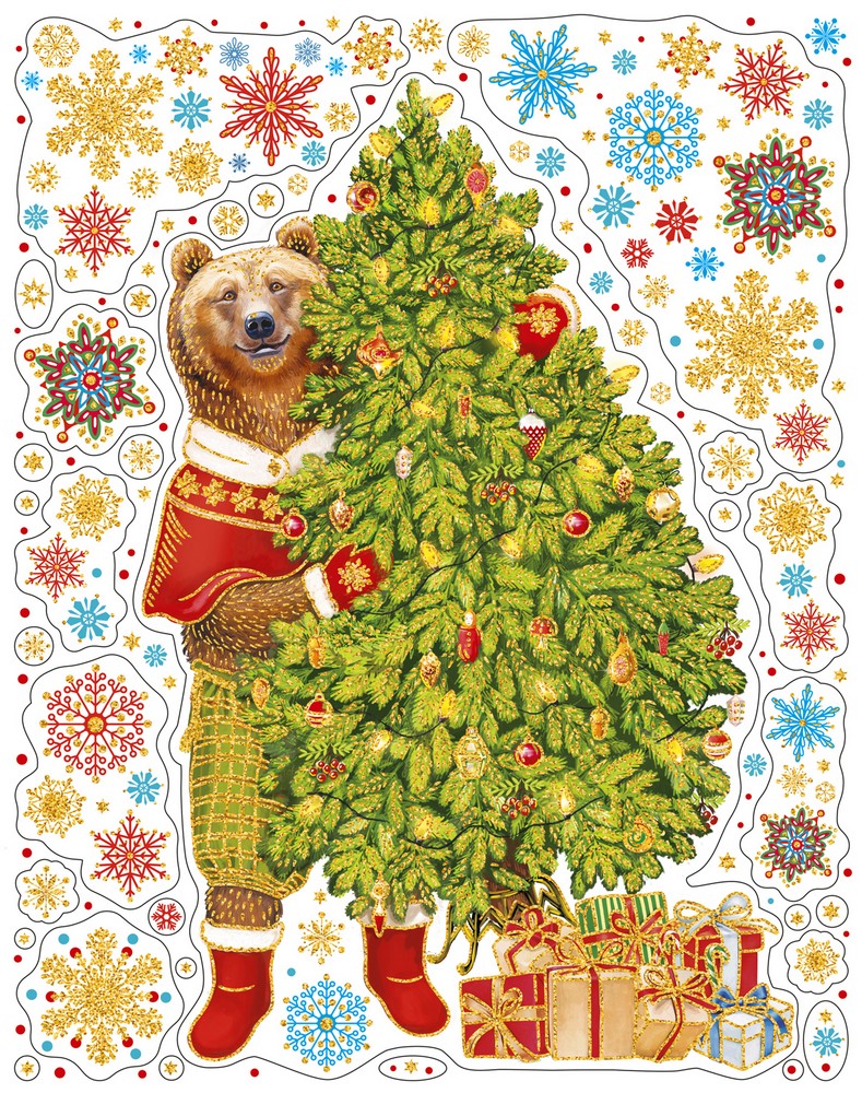 Украшение новогоднее оконное Елка с мишкой из ПВХ пленки 30х38см арт.90279 по цене 