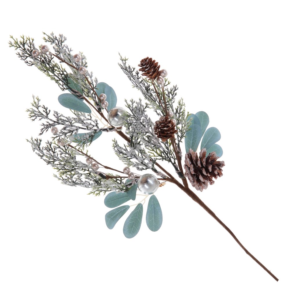 Изделие декоративное Ветка заснежанная с шишками и шарами 18х7х50см полимерные материалы, металл арт по цене 
