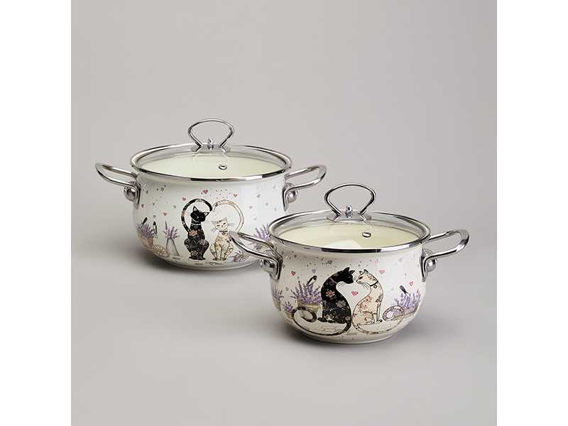 Набор кастрюль эмаль Лавандовые кошки 4пр 2,0л/2,8л 18см/20см, сталь арт.943-102 по цене 