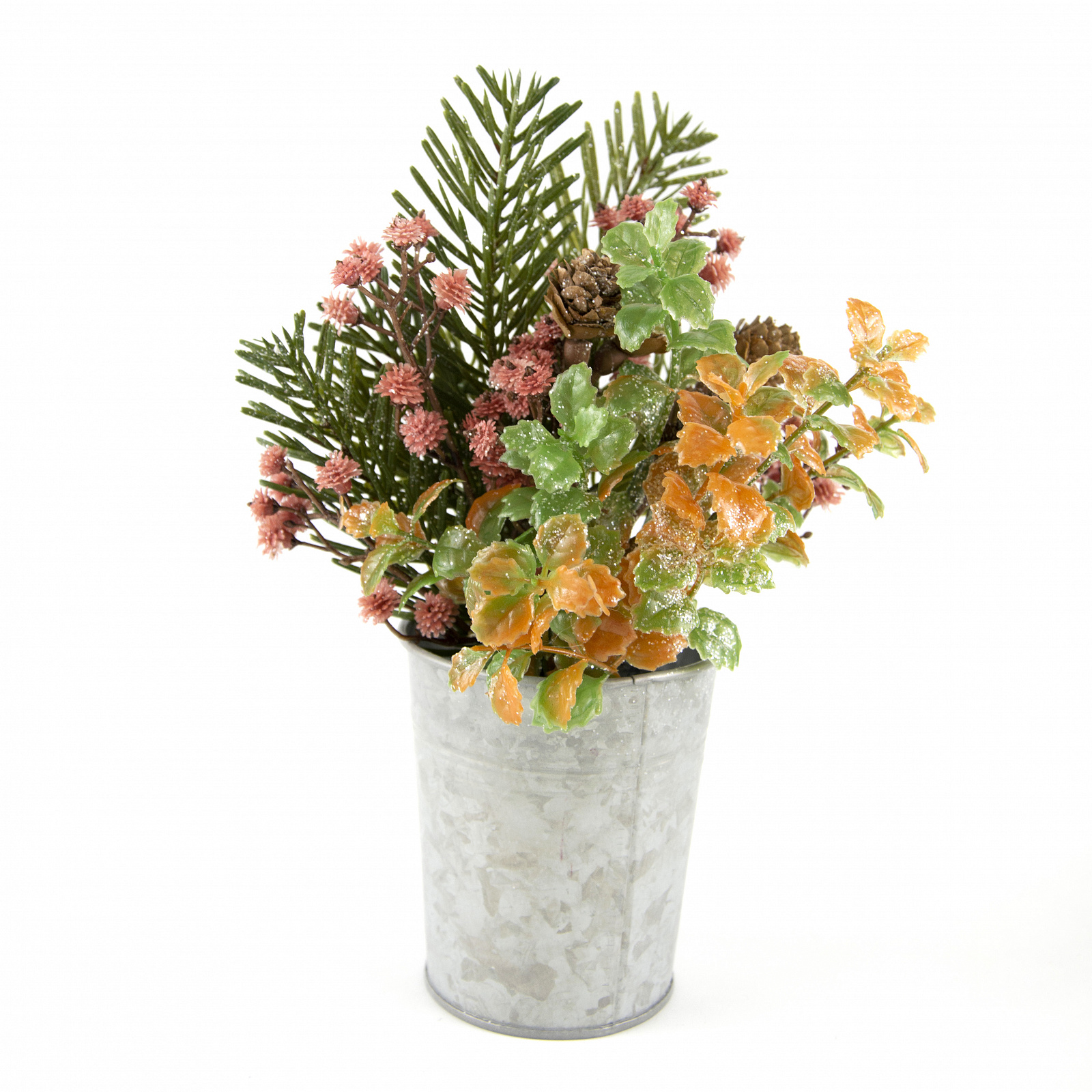 Композиция декоративная Зимняя в кашпо, розовый, зеленый 20см по цене 