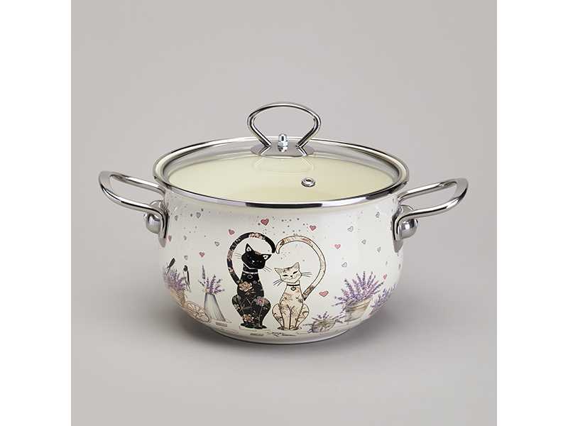 Кастрюля Агнесс эмаль Лавандовые кошки 2,8л 20см, сталь арт.943-077 по цене 