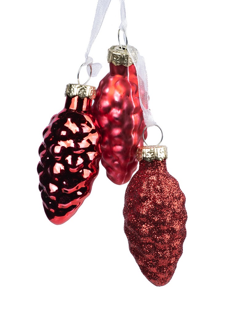 Украшение новогоднее подвесное Шишки набор из 3-х шт разноцветные 2,5х6см стекло арт.90735 по цене 