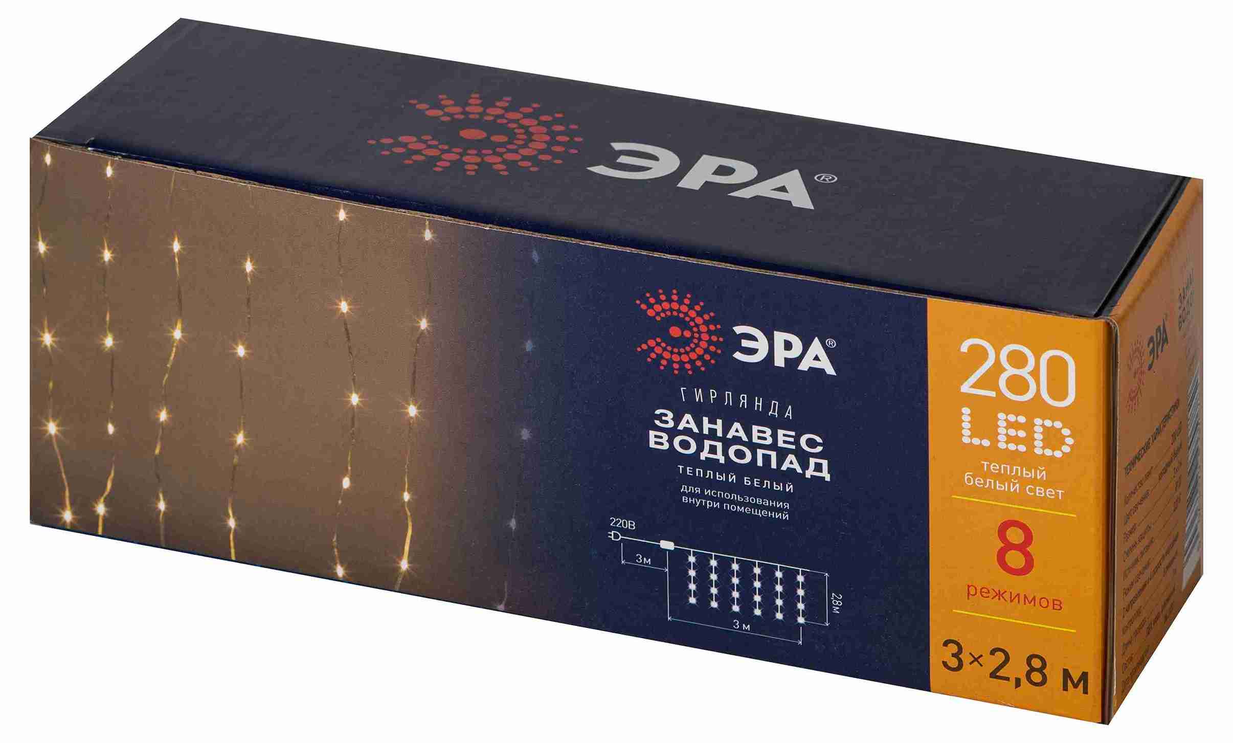 Электрогирлянда Эра Занавес Водопад внутр. 280 LED, теплый белый 3х3м арт.ENIN-300WL по цене 