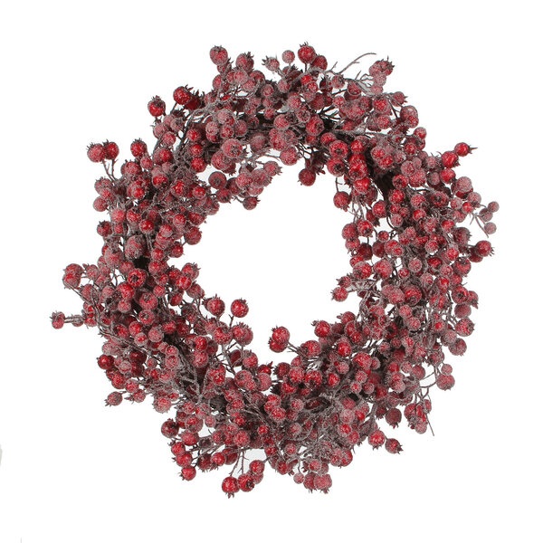 Венок с ягодами, красный заснеженный 55см по цене 
