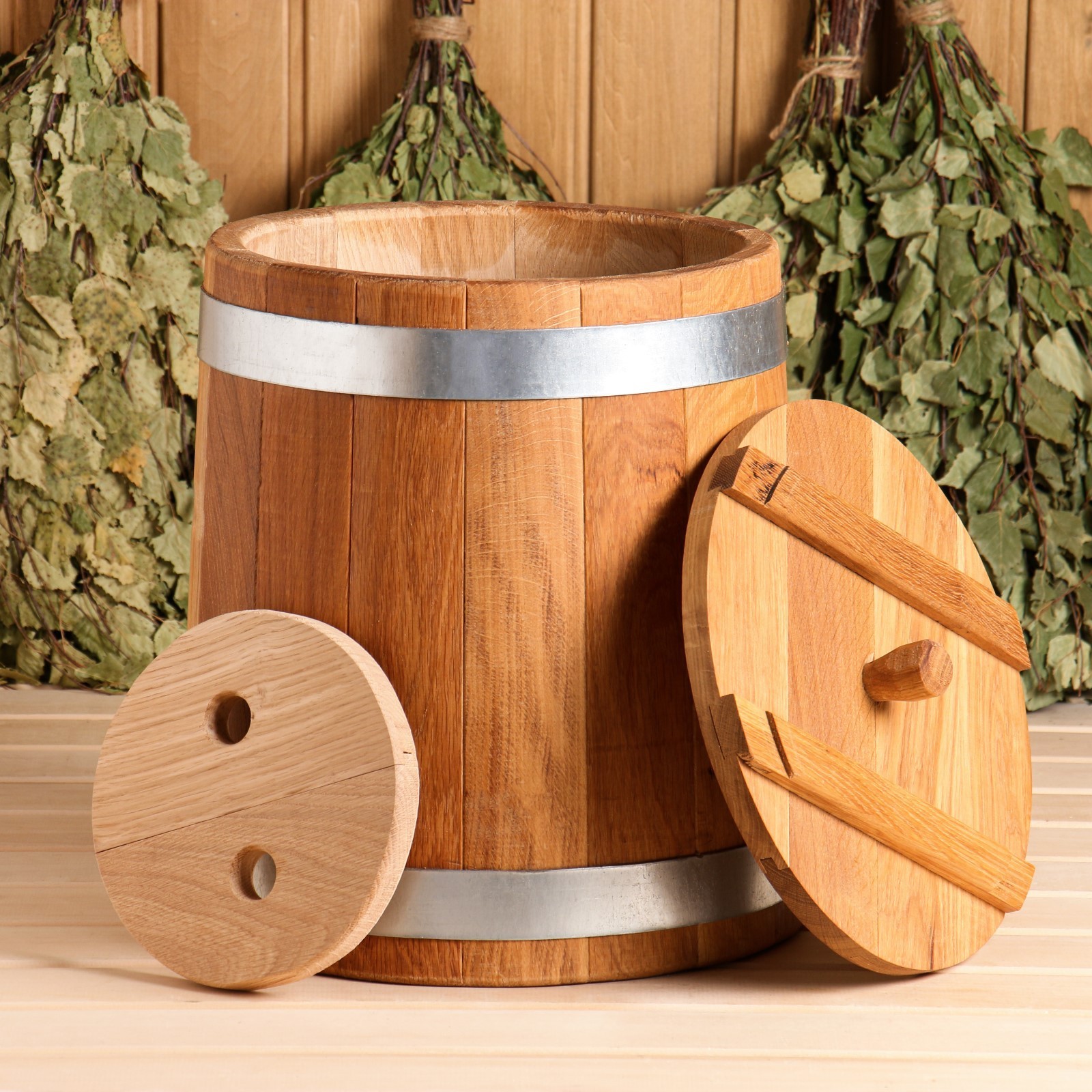 Кадка-бочка для засолки дубовая 20л, нерж обруч, с крышкой, с гнетом арт.4606523 по цене 