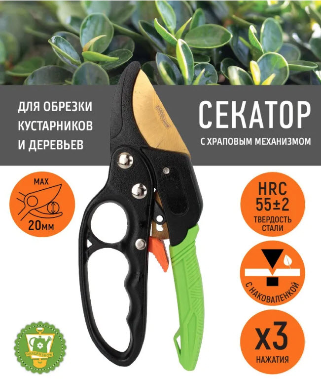 Секатор с храповым механизмом, Гарден Шоу. лезвие с покрытием Титаниум, L20 см, салатовый, 12/6  по цене 