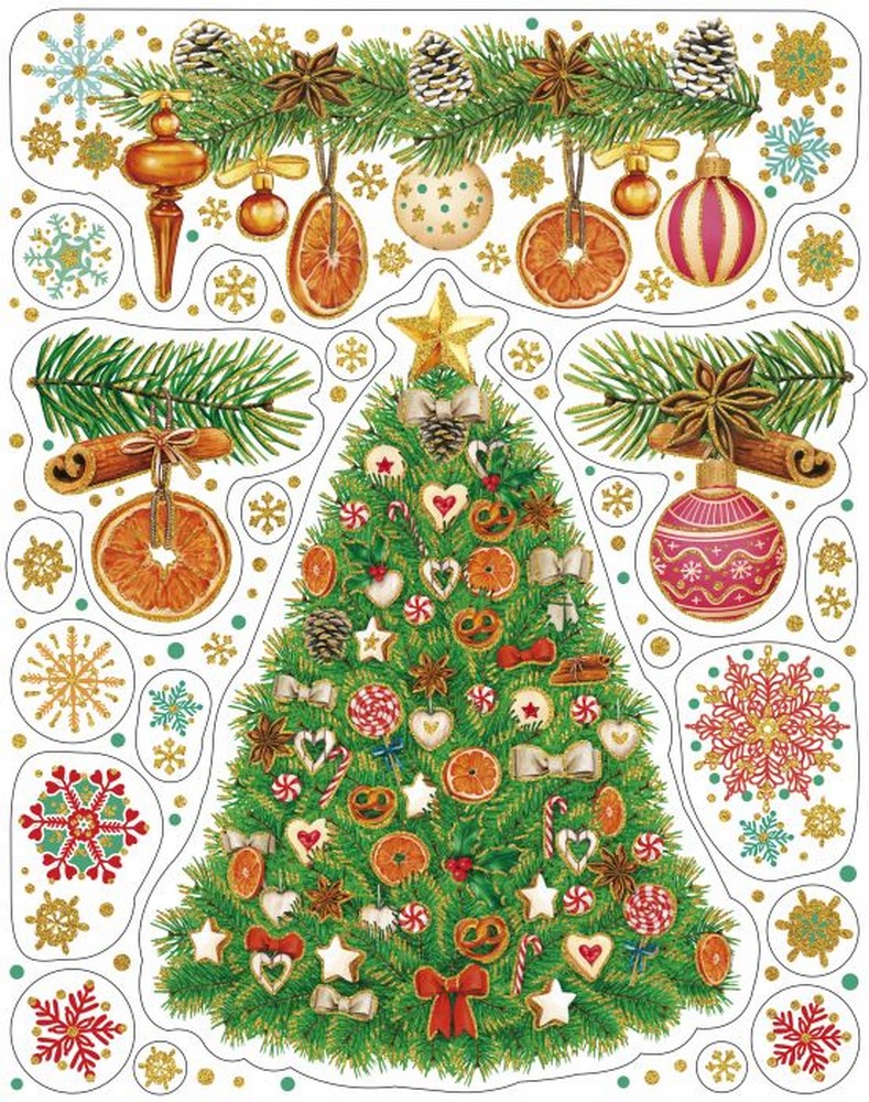 Украшение новогоднее оконное Веточки, шары и елочка из ПВХ пленки 30х38см арт.86032 по цене 