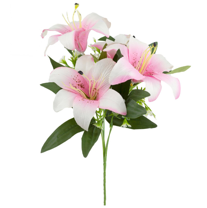 Цветок искусственный Лилия на вставке 34см, белый/розовый по цене 