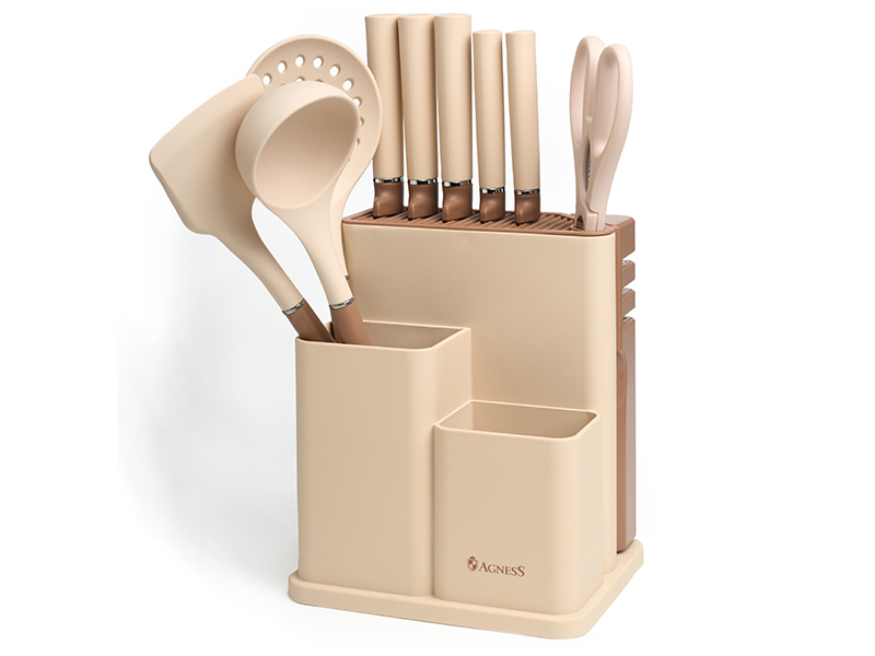 Набор Агнесс из 11пр: 5 ножей,половник,лопатка,шумовка,подставка,ножеточка и ножницы, бежевый арт.67 по цене 