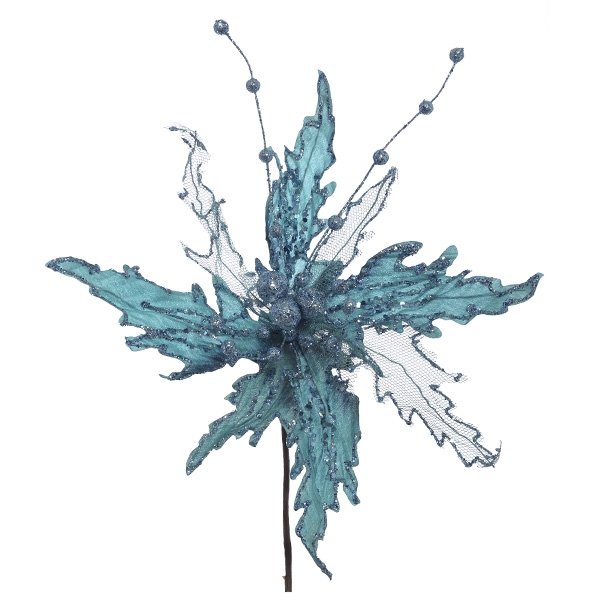 Цветок искусственный Пуансеттия, голубой 30х30х23см по цене 