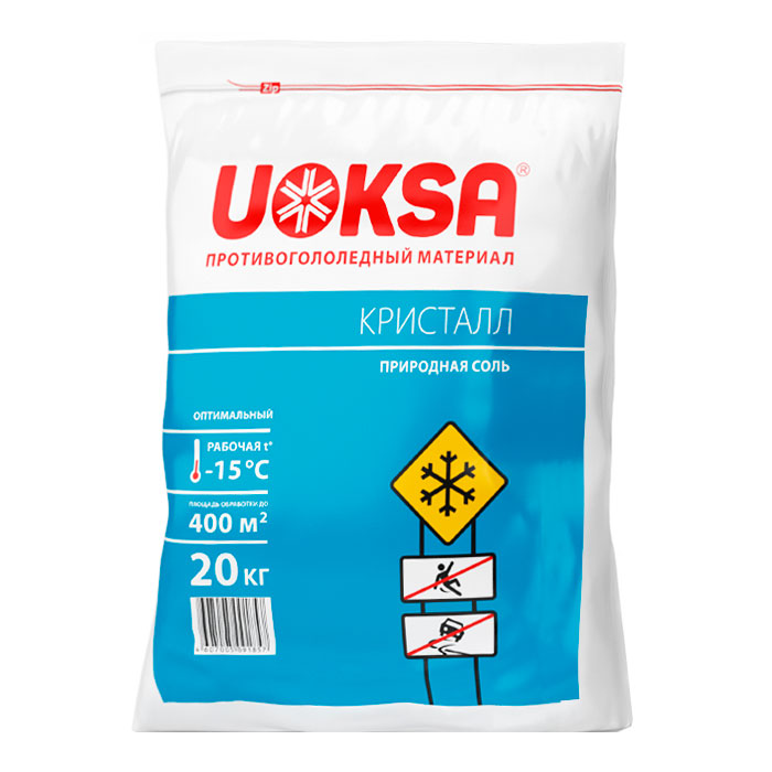 Противогололедный материал УОКСА Кристалл -15°С пакет с зипзастежкой 20кг по цене 