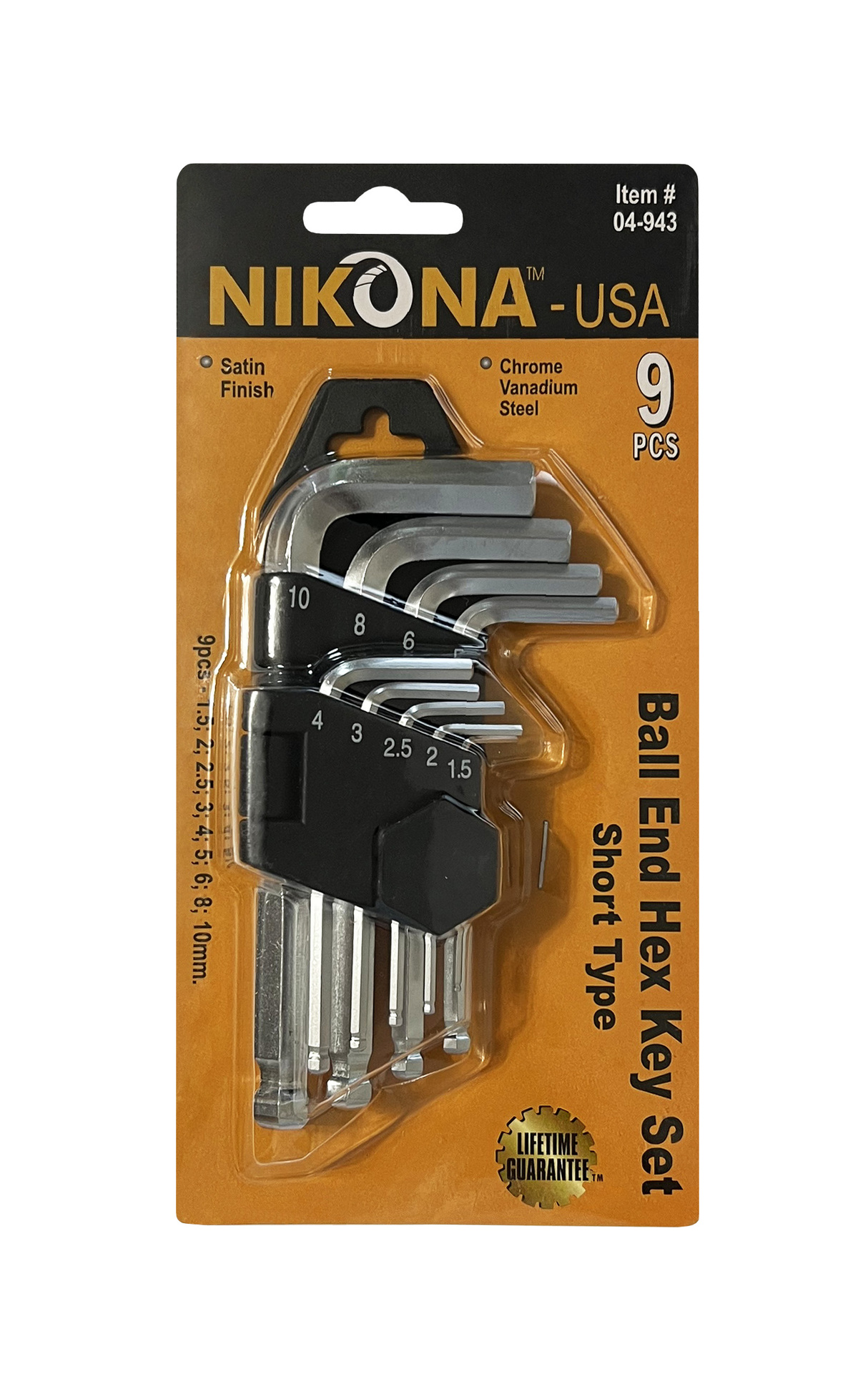 Набор шестигранных ключей коротких НИКОНА с шаровым окончанием (1,5-10мм) (9шт) по цене 