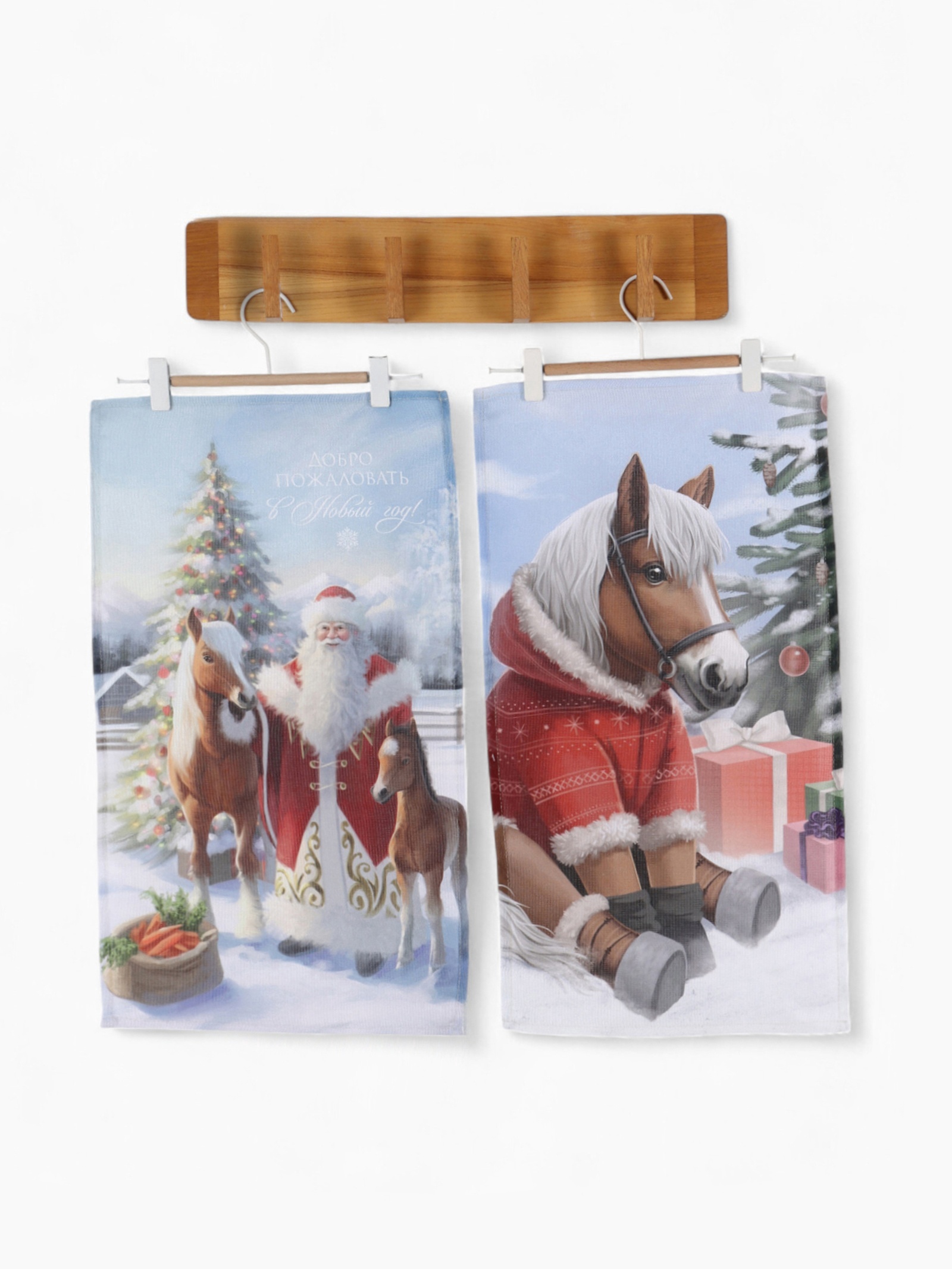 Набор кухонных полотенец Доляна Лошадь и Дед Мороз 35×60см 2шт, хлопок арт.10900089 по цене 