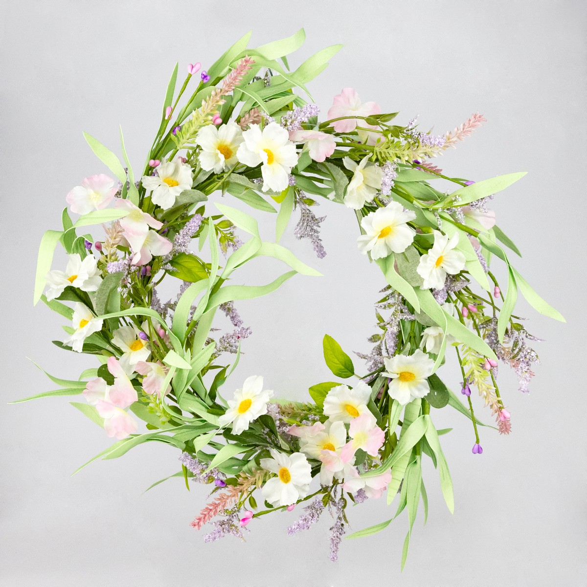 Венок весенний 45см зеленый/розовый, пластик по цене 