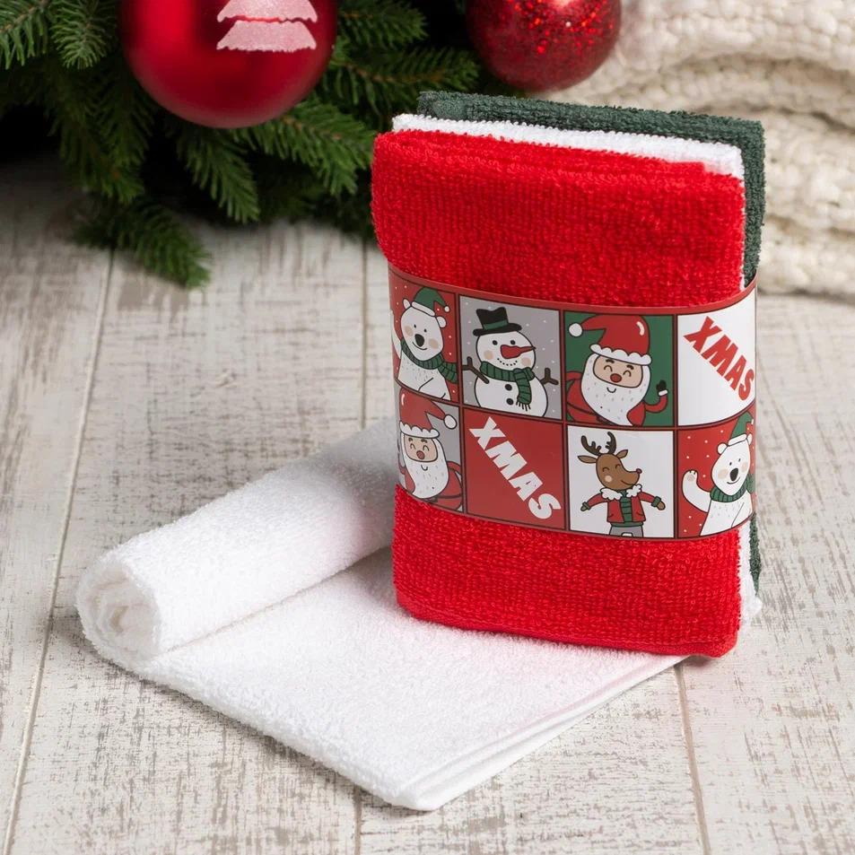 Набор махровых полотенец Этель Рождество 30х30см 3шт, хлопок арт.7896036 по цене 