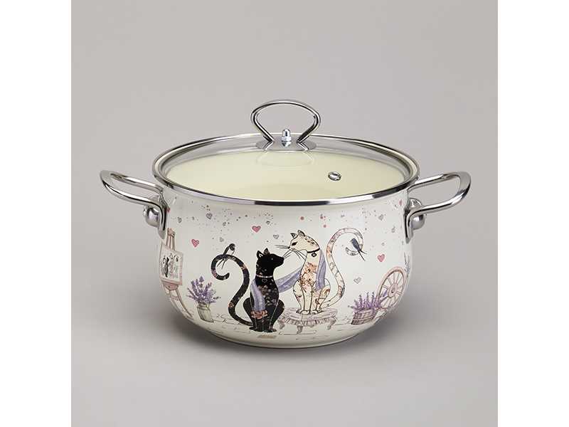 Кастрюля Агнесс эмаль Лавандовые кошки 3,8л 22см, сталь арт.943-078 по цене 