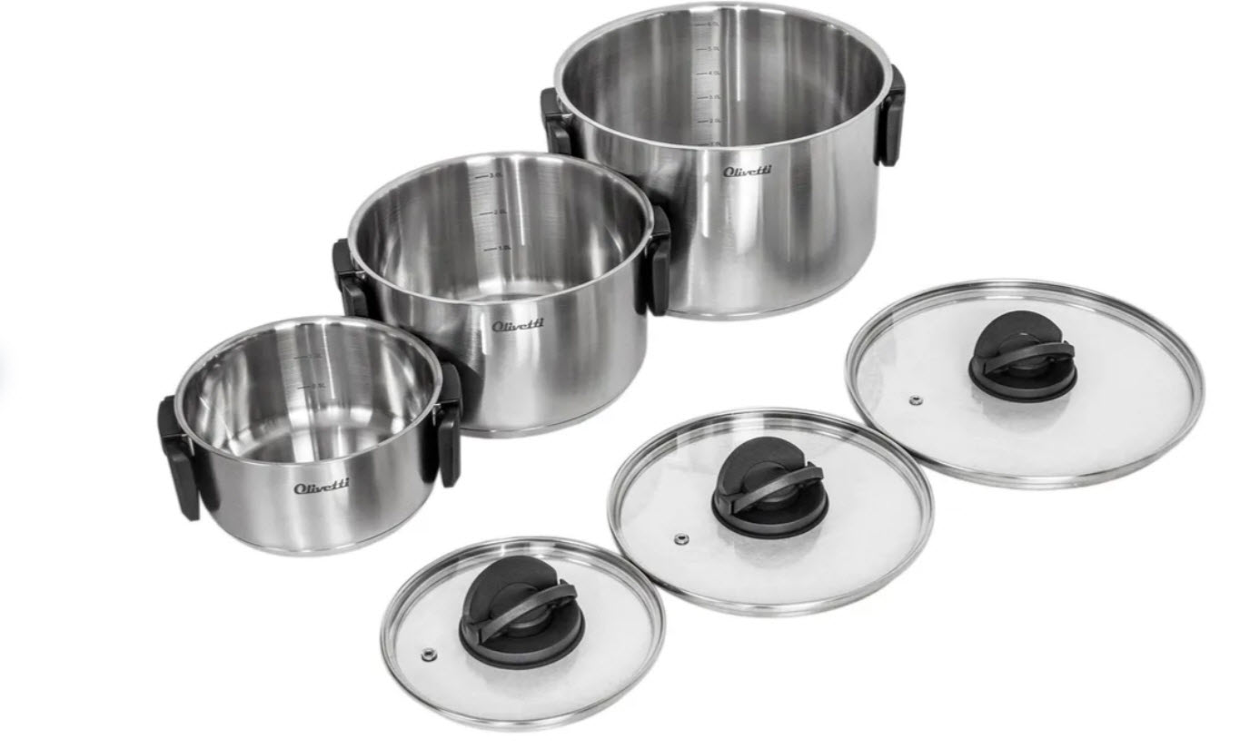 Набор кастрюль складные ручки 1,3л, 3,3л, 6,3л, сталь арт.Olivetti SCKFL8136 по цене 