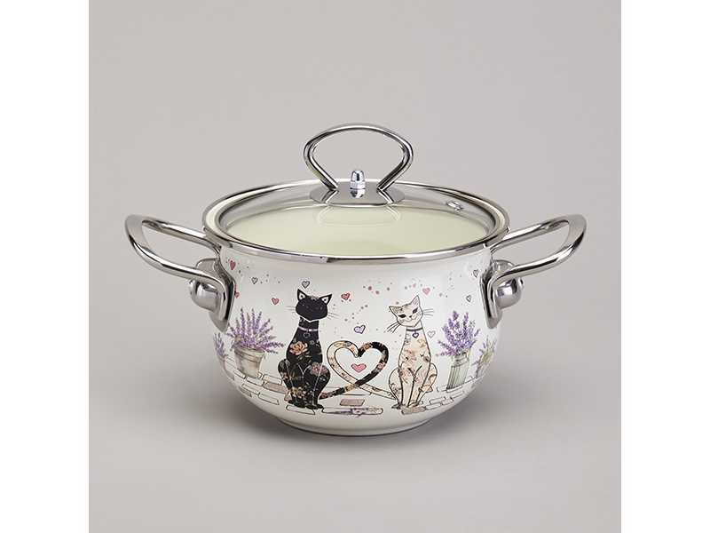 Кастрюля Агнесс эмаль Лавандовые кошки 1,5л 16см, сталь арт.943-075 по цене 