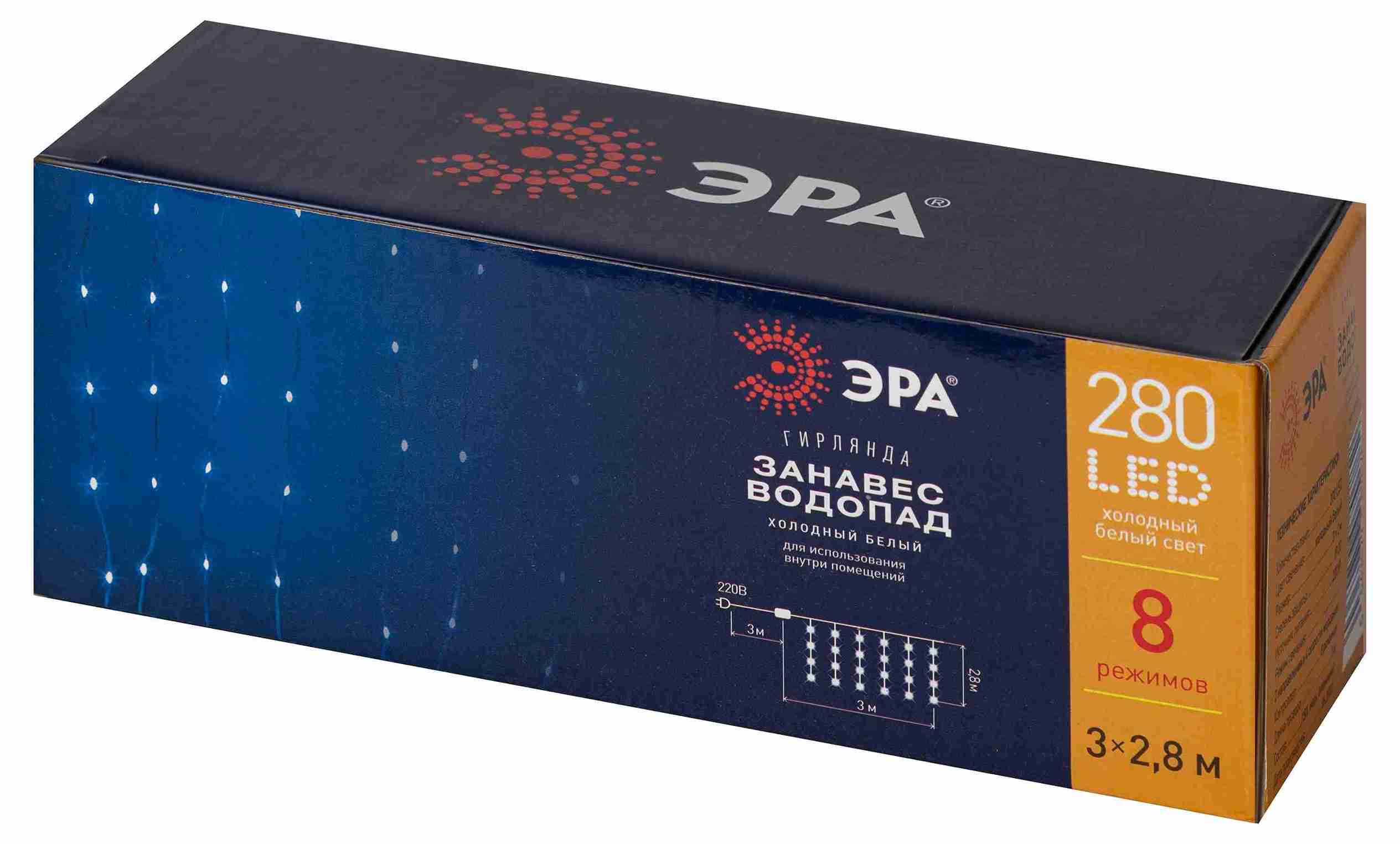 Электрогирлянда Эра Занавес Водопад внутр. 280 LED, холодный белый 3х3м арт.ENIN-300WD по цене 