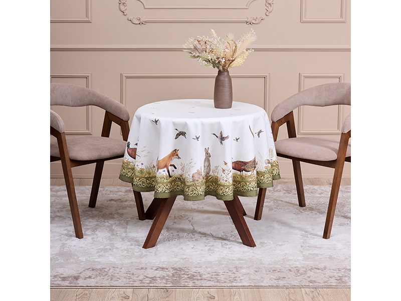 Скатерть круглая Охота 150см зеленый хлопок,твил пропитка арт.850-751-23 по цене 