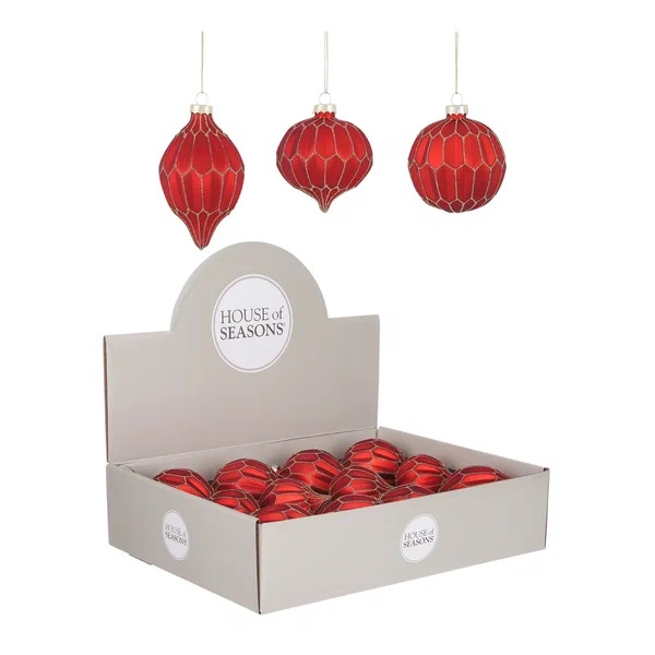 Украшение новогоднее Шар Капля, Луковица алый с золотым узором 37,5х27х9,5см, 3в. по цене 