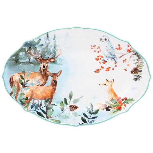 Блюдо овальное Лефард Олени и лиса фарфор голубой  30,5х20см по цене 