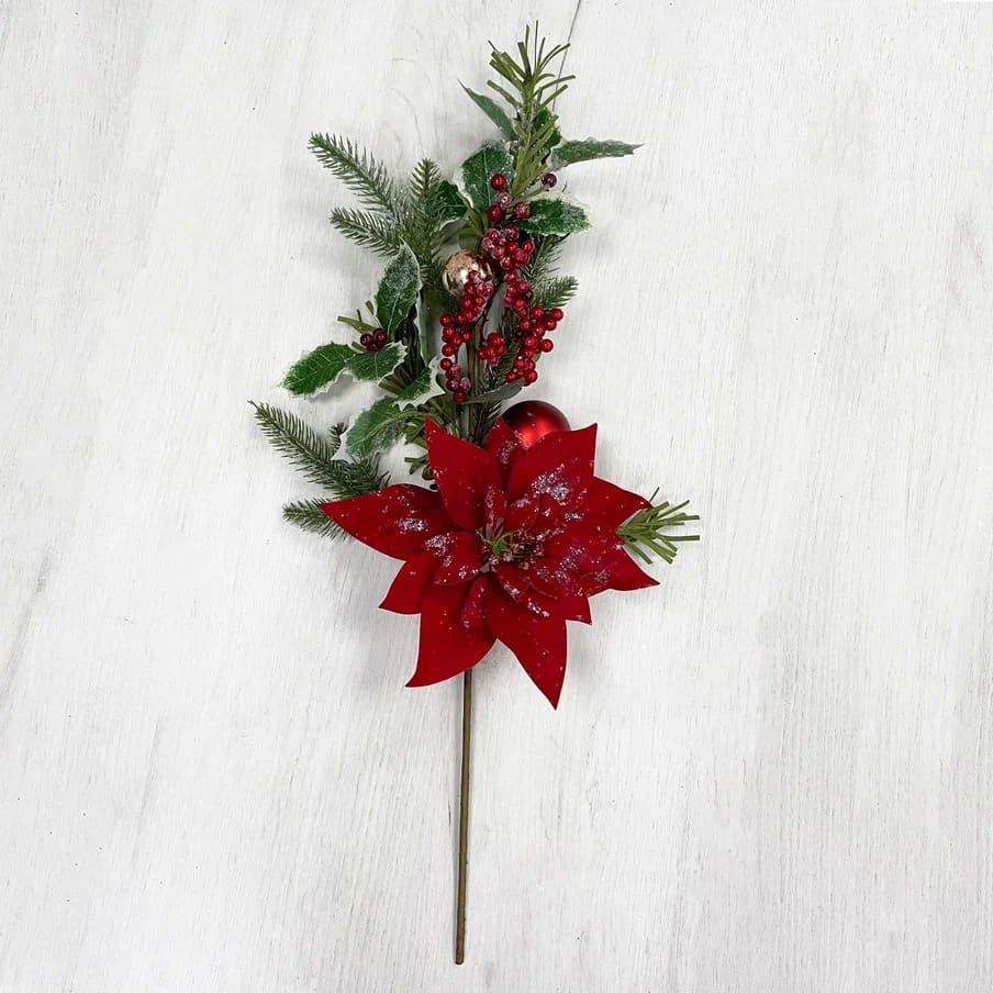 Ветка еловая с красной Пуансеттией 70см зеленый арт.87378 по цене 