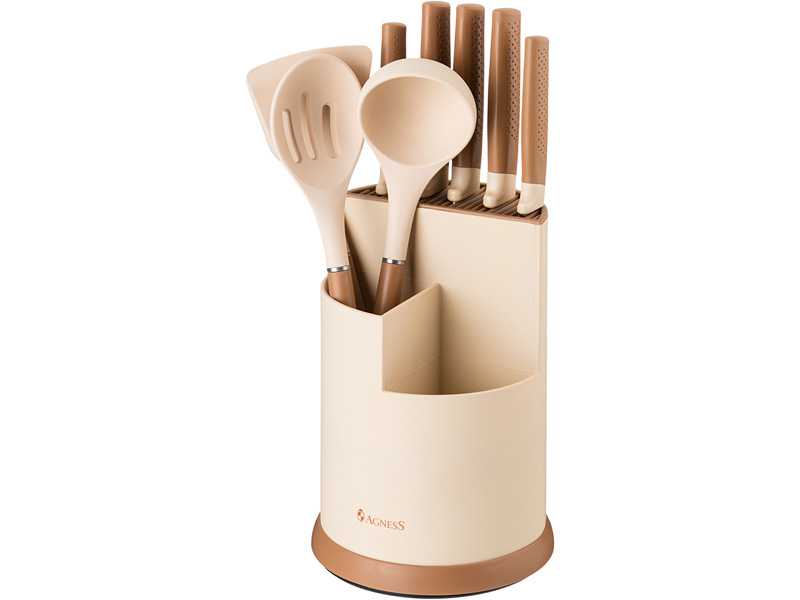Набор Агнесс 9пр: 5 ножей, половник, лопатка и шумовка, подставка, пластик арт.671-204 по цене 