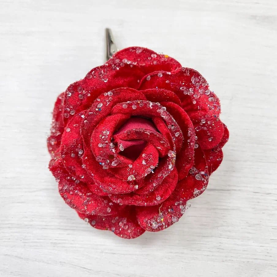 Цветок Роза в снегу на клипсе 18х12см красный арт.87264 по цене 