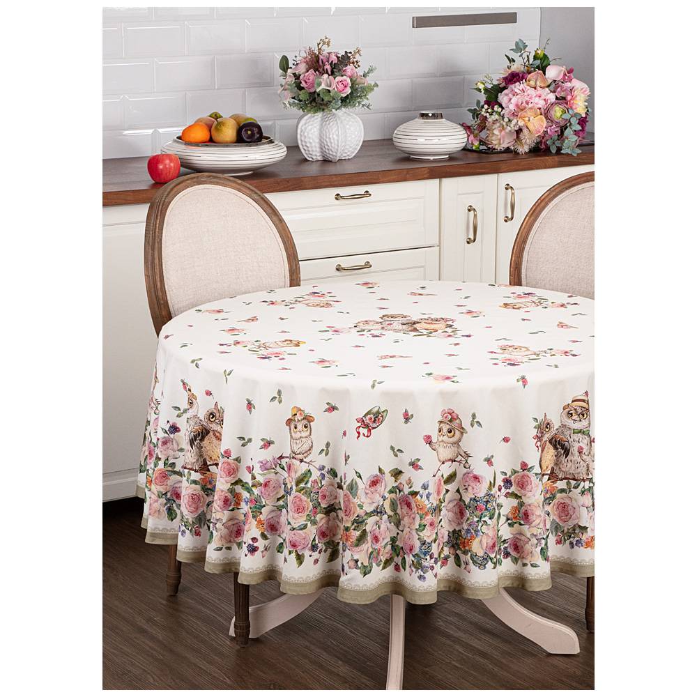 Скатерть круглая Винтаж Совушки хлопок твил, беж 185см по цене 