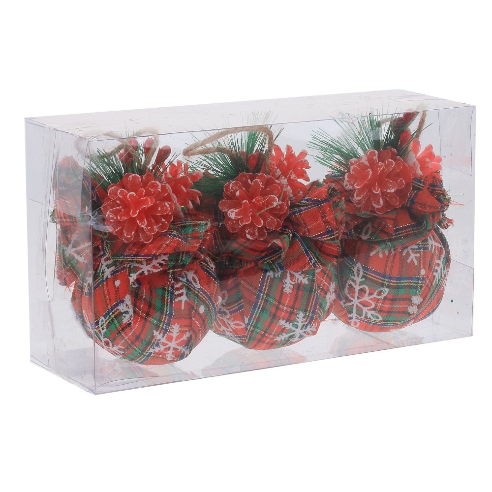 Украшение новогоднее Шар с шишками, красный набор из 3шт, 6х6х10см по цене 