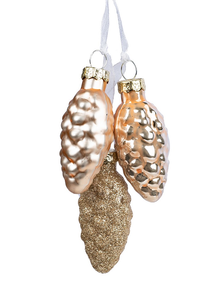 Украшение новогоднее подвесное Шишки набор из 3-х шт разноцветные 2,5х6см стекло арт.90734 по цене 