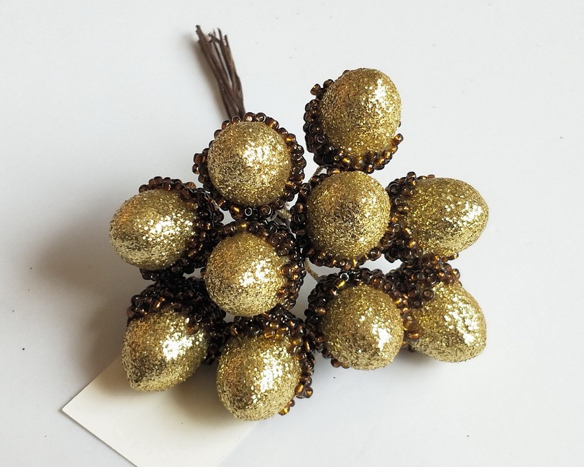 Изделие декоративное Набор желудей с глиттером на вставках 10шт, золото 2x3x12см по цене 