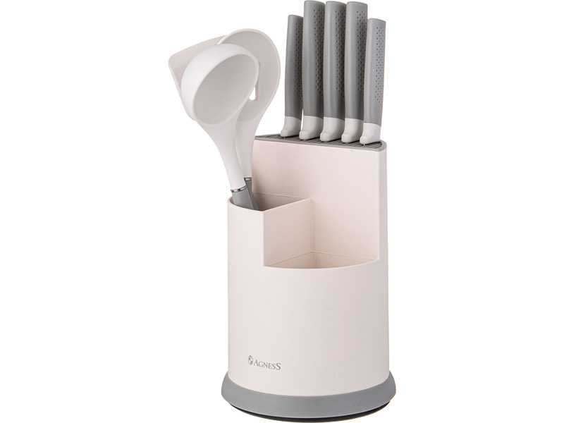 Набор Агнесс 9пр: 5 ножей, половник, лопатка и шумовка, подставка, цвет серый, пластик арт.671-211 по цене 