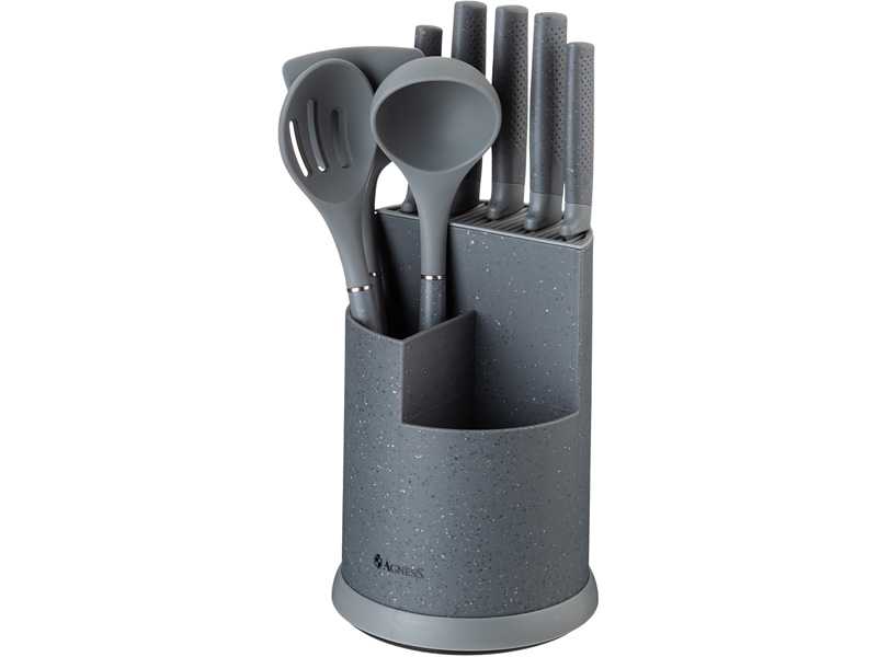 Набор Агнесс 9пр: 5 ножей, половник, лопатка и шумовка, подставка, цвет серый, пластик арт.671-205 по цене 