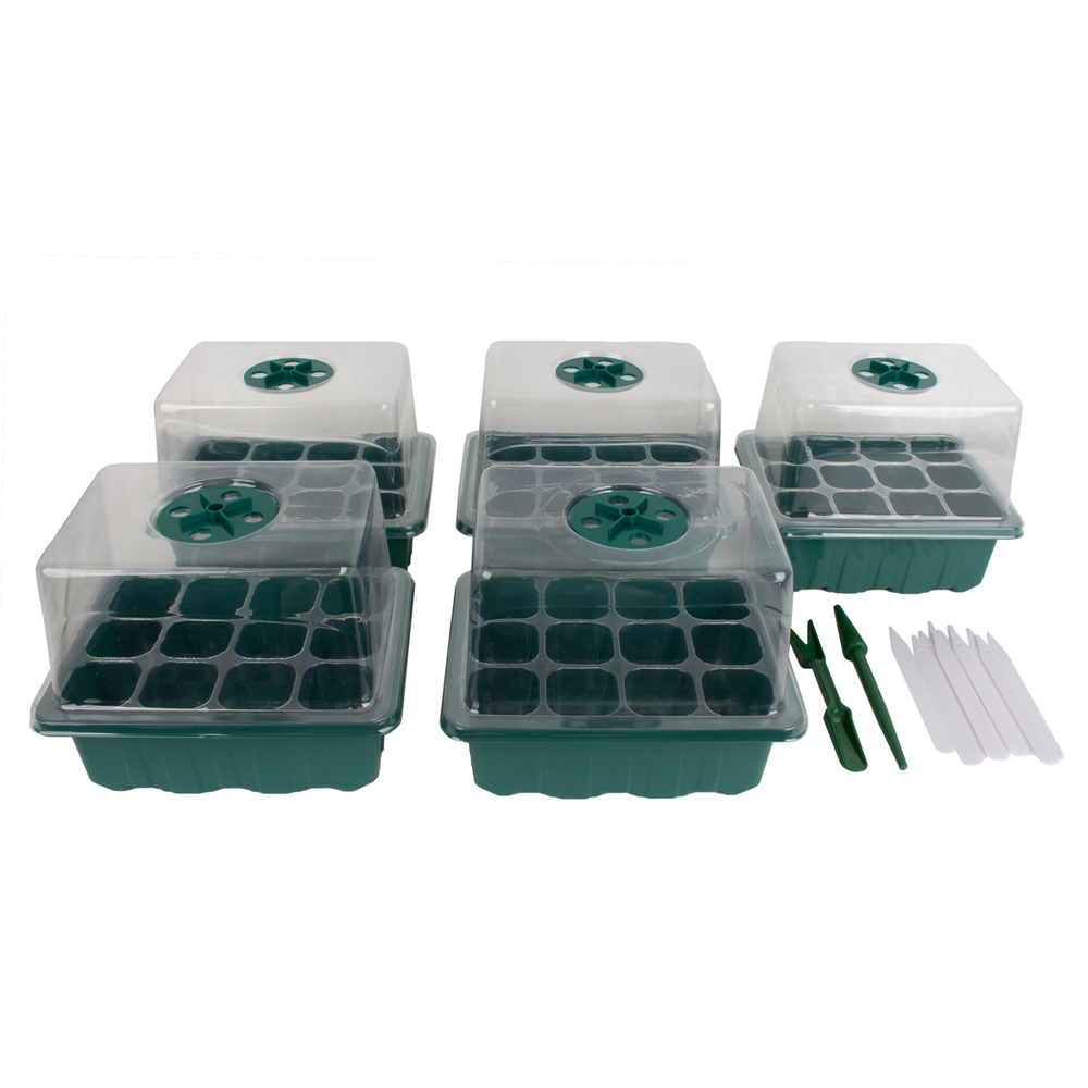 Набор мини-парников для рассады, 5 шт., вставка по 12 ячеек, выс. крышка, цвет зеленый,Гарден Шоу по цене 