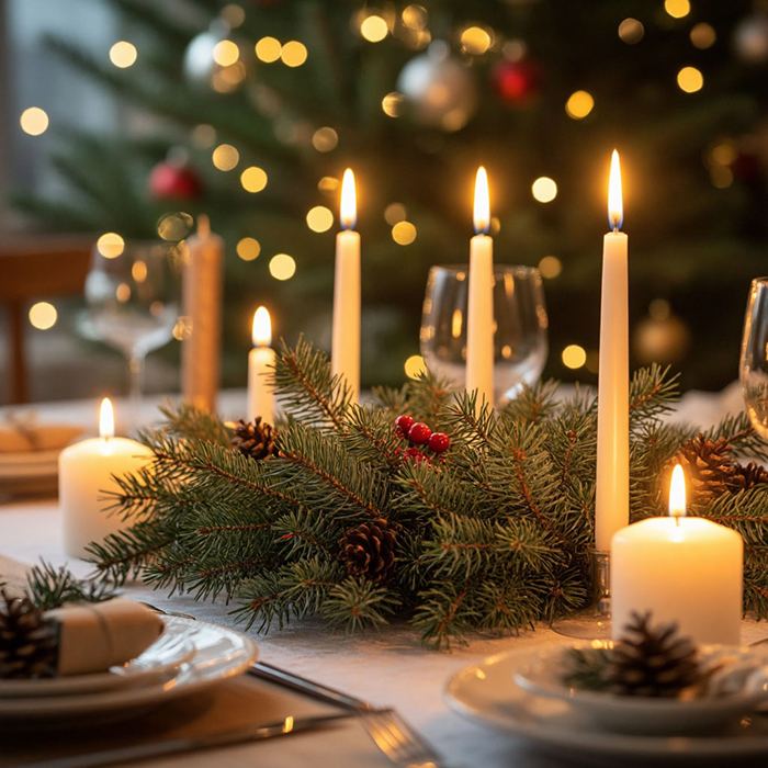 новогодний стол с живыми еловыми ветками и свечами