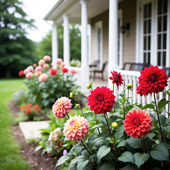 георгины на входной зоне загородного дома