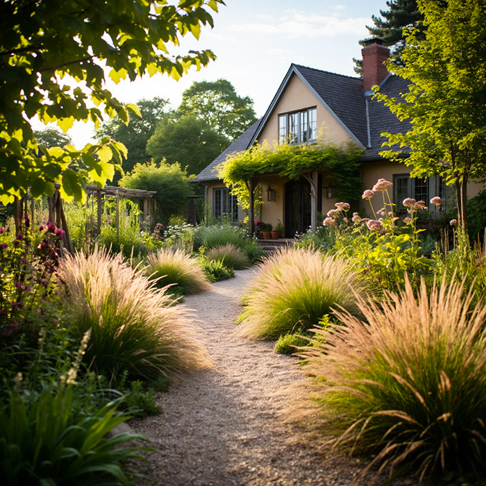 Мюленбергия вдоль дорожки в саду