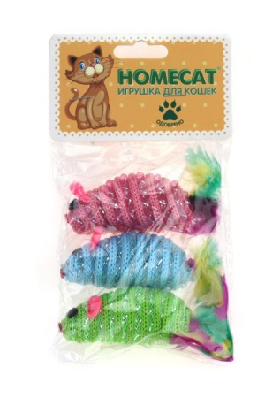Игрушка Хоумкет для кошек мышки разноцветные с пером гремящие 6см 3шт