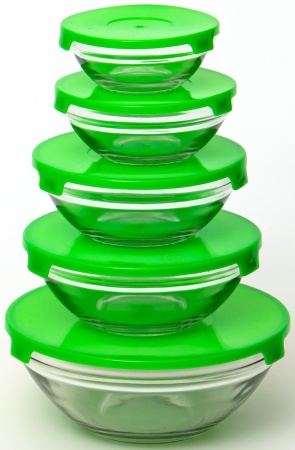 Набор салатников с крышками Олафф 5шт стекло, зеленый 900мл, 470мл, 350мл, 200мл, 130мл
