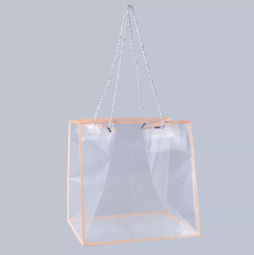 Пакет подарочный с каймой пластик 25x25x22см, прозрачный/розовый по цене 