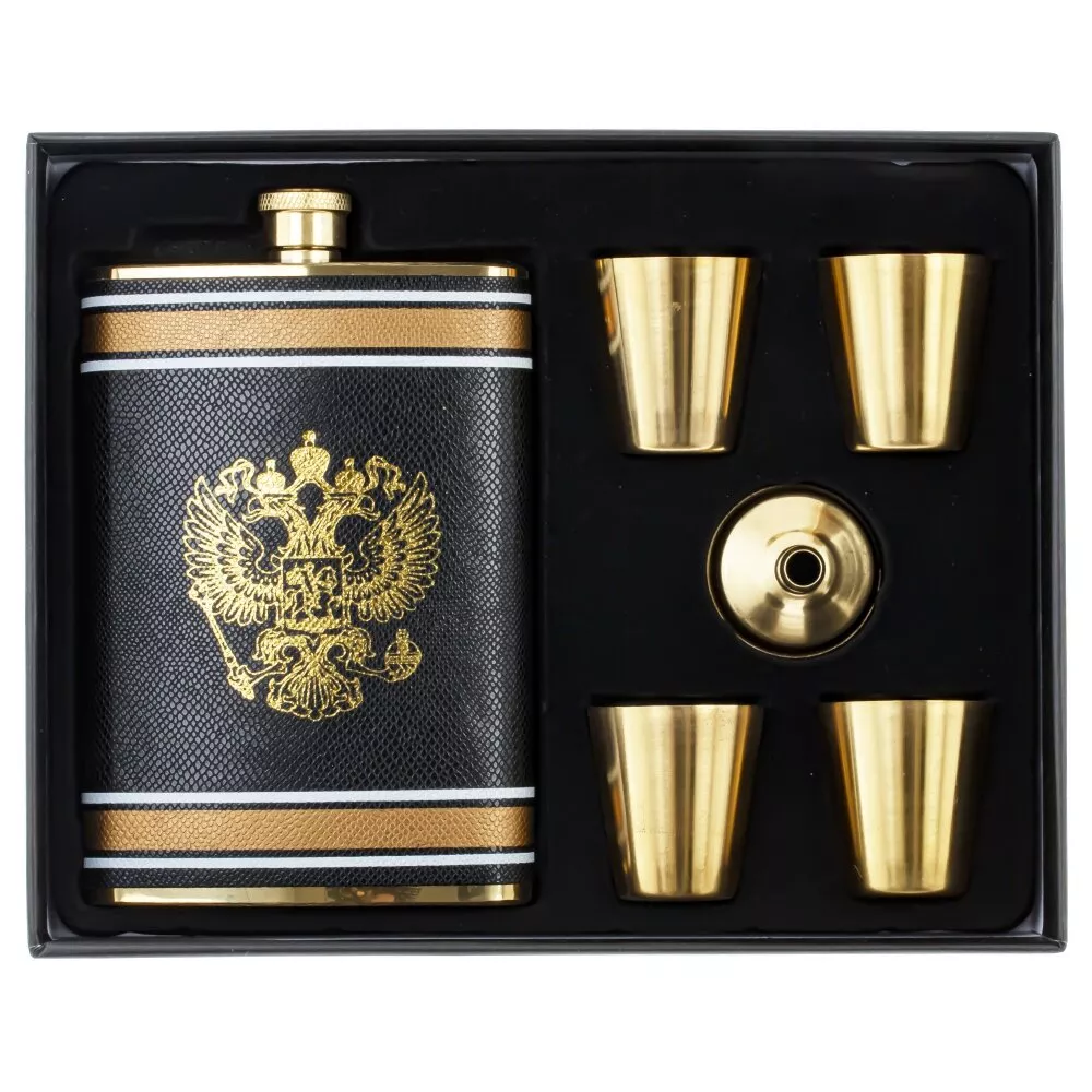 Набор из 5-ти предм.: фляжка 250мл, 4 стопки 50мл, воронка арт.800054 по цене 