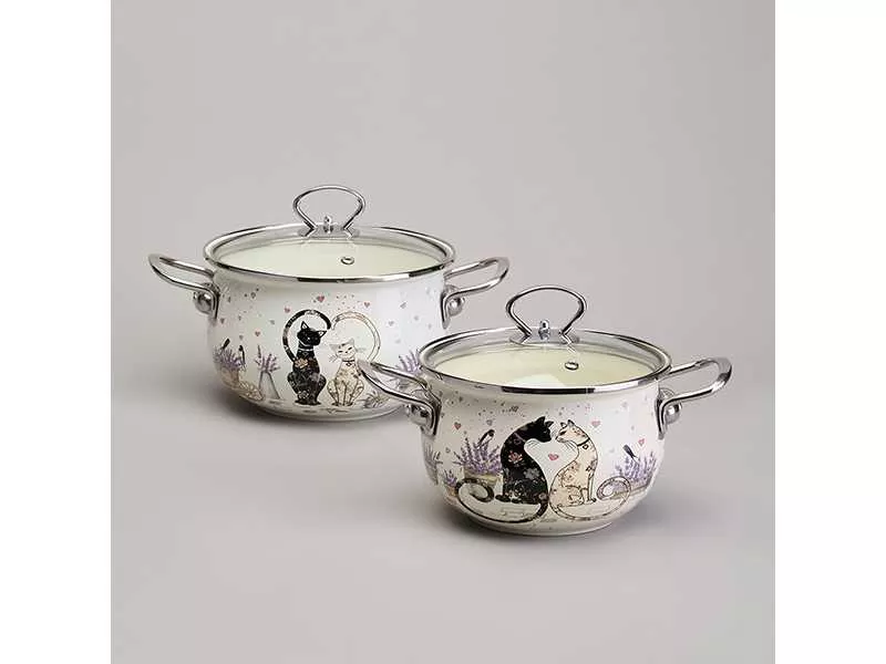Набор кастрюль эмаль Лавандовые кошки 4пр 2,0л/2,8л 18см/20см, сталь арт.943-102 по цене 