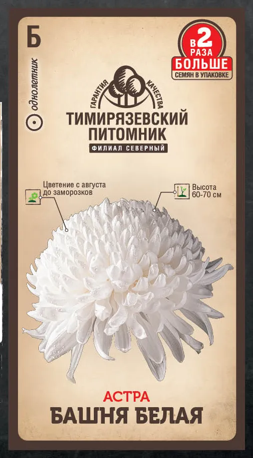 Семена цветы астра Башня белая (пионовидная) Тимпит 0,4г Двойная фасовка 
